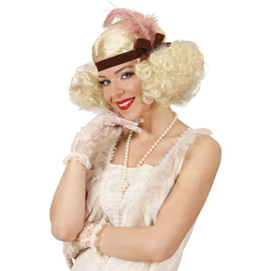 Peruca burlesca loira decorada com fita e pena