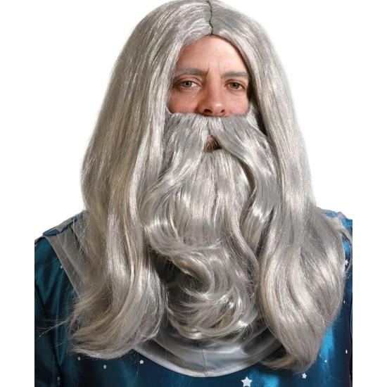 Peruca de barba de feiticeiro cinza **