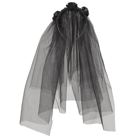 Faixa de cabeça com véu de viúva negra – acessório de cabeça com rosas negras para Halloween e Carnaval