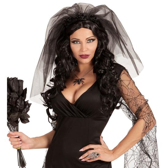Faixa de cabeça com véu de viúva negra – acessório de cabeça com rosas negras para Halloween e Carnaval