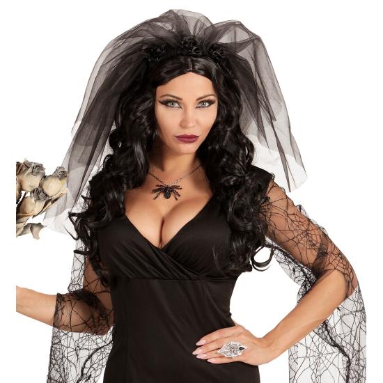 Faixa de cabeça com véu de viúva negra – acessório de cabeça com rosas negras para Halloween e Carnaval