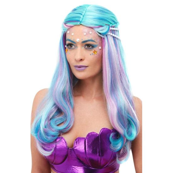 Peruca sereia, azul, com pérolas
