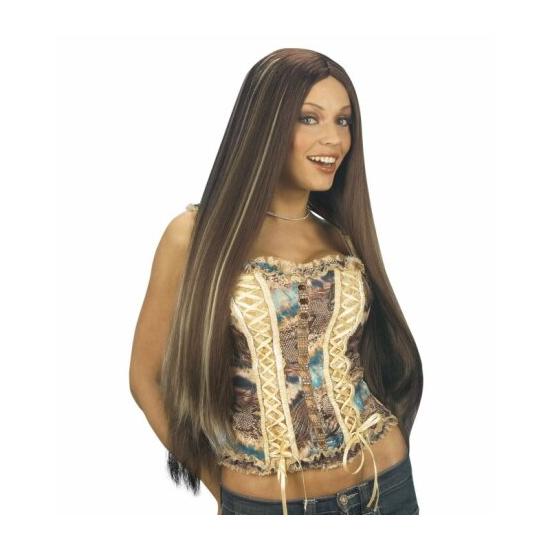 Peruca castanha extra longa com mechas.