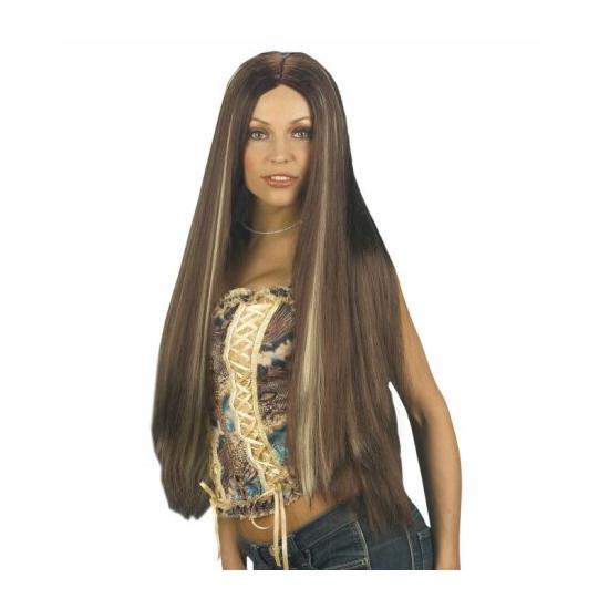 Peruca castanha extra longa com mechas.
