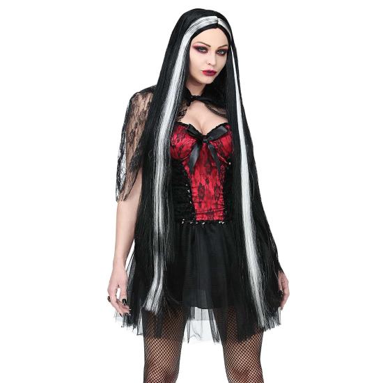 Peruca extra longa preta e branca de Halloween