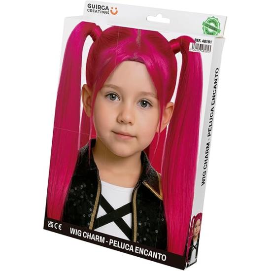 Peruca rosa K-Pop Mira para crianças com maria-chiquinhas – Acessório de fantasia para carnaval e festas.