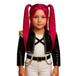 Peruca rosa K-Pop Mira para crianças com maria-chiquinhas – Acessório de fantasia para carnaval e festas.
