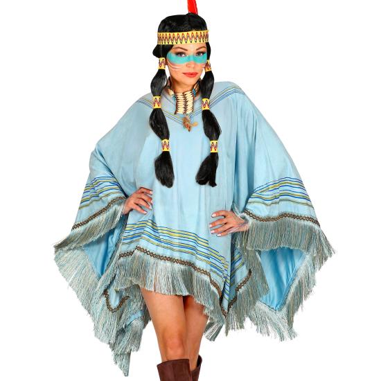 Poncho de camurça azul com franjas – Fantasia indiana ou hippie para mulheres