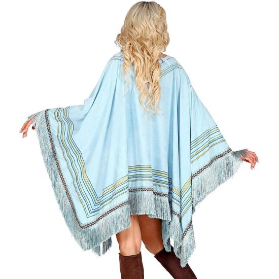 Poncho de camurça azul com franjas – Fantasia indiana ou hippie para mulheres