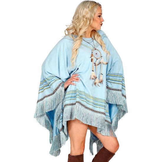 Poncho de camurça azul com franjas – Fantasia indiana ou hippie para mulheres