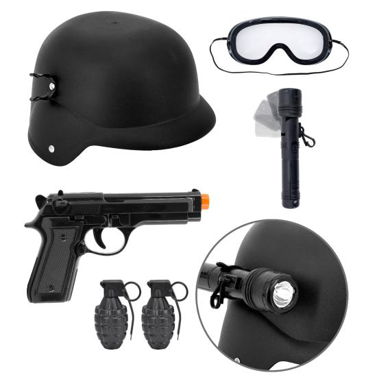Conjunto de brinquedos SWAT – capacete, pistola, óculos táticos, lanterna e 2 granadas Conjunto de brinquedos SWAT – capacete, pistola, óculos táticos, lanterna e 2 granadas