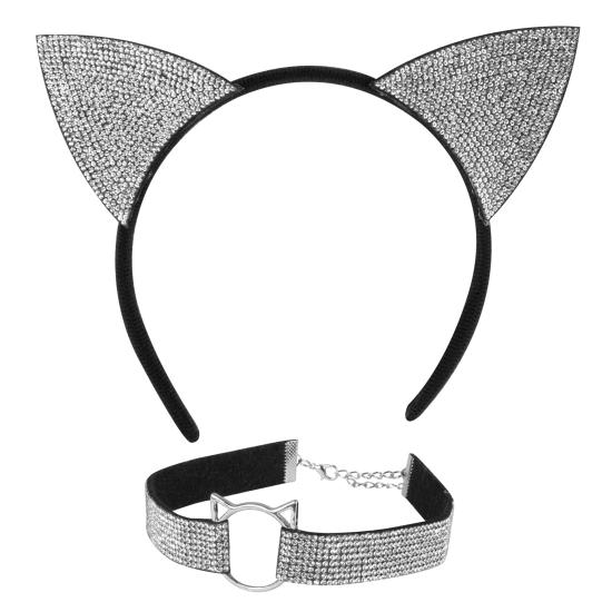 Conjunto de gatinho de luxo (orelhas e coleira) em veludo e strass
