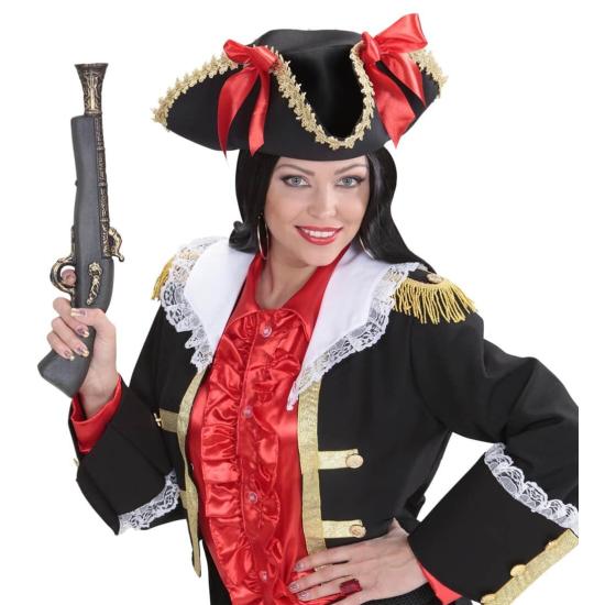 Chapéu de pirata com detalhes dourados e laços