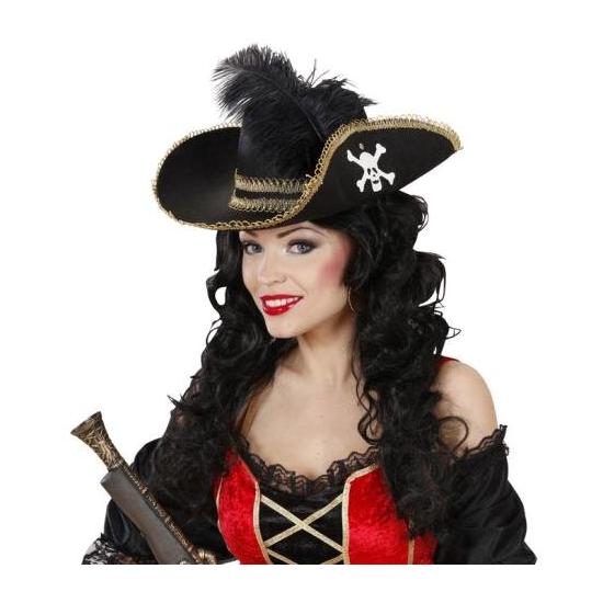 Chapéu de pirata com caveira e pena.